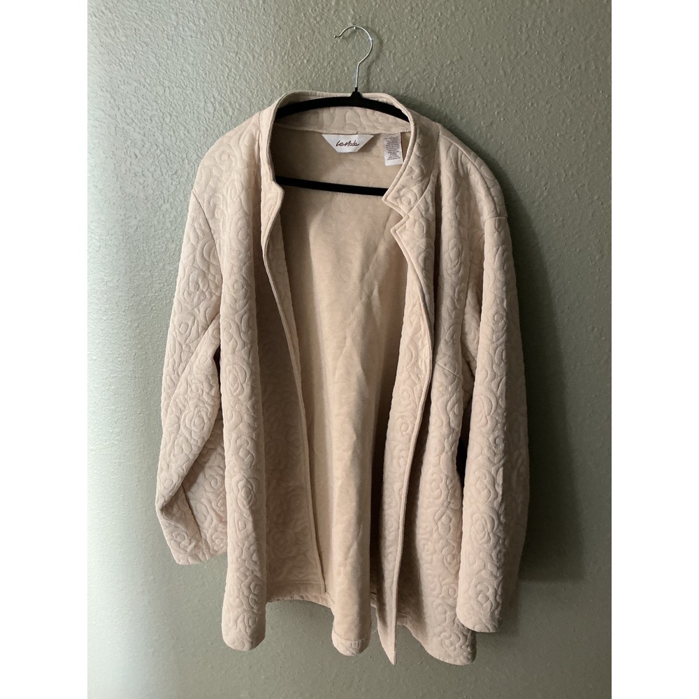 Le Moda Women XL Cream Beige Quilted Floral Rose Open Front Cardigan Jacket